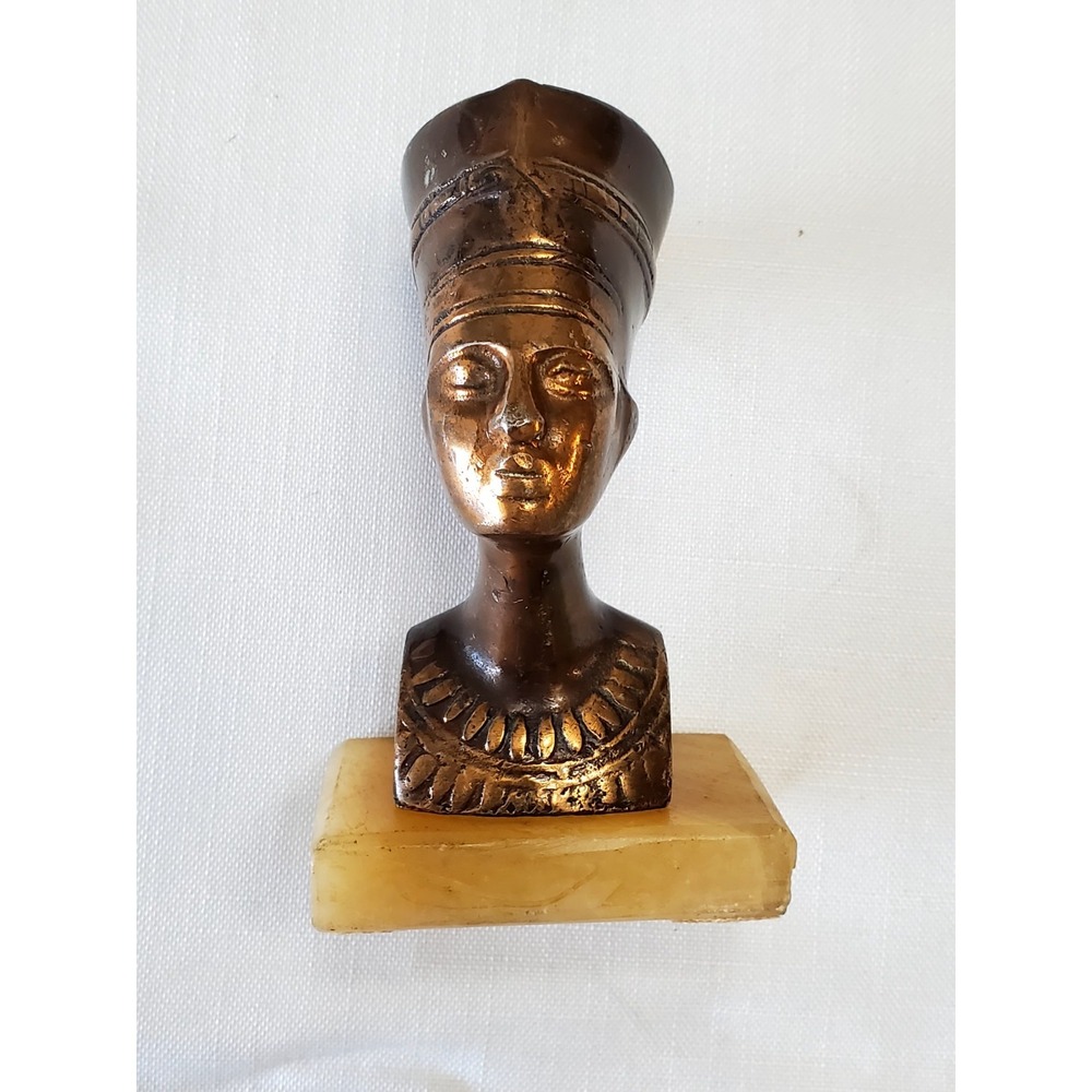 Vintage Queen Nefertiti Bust Egyptian Sculpture Bronze & Marble Egypt Art 5.5"